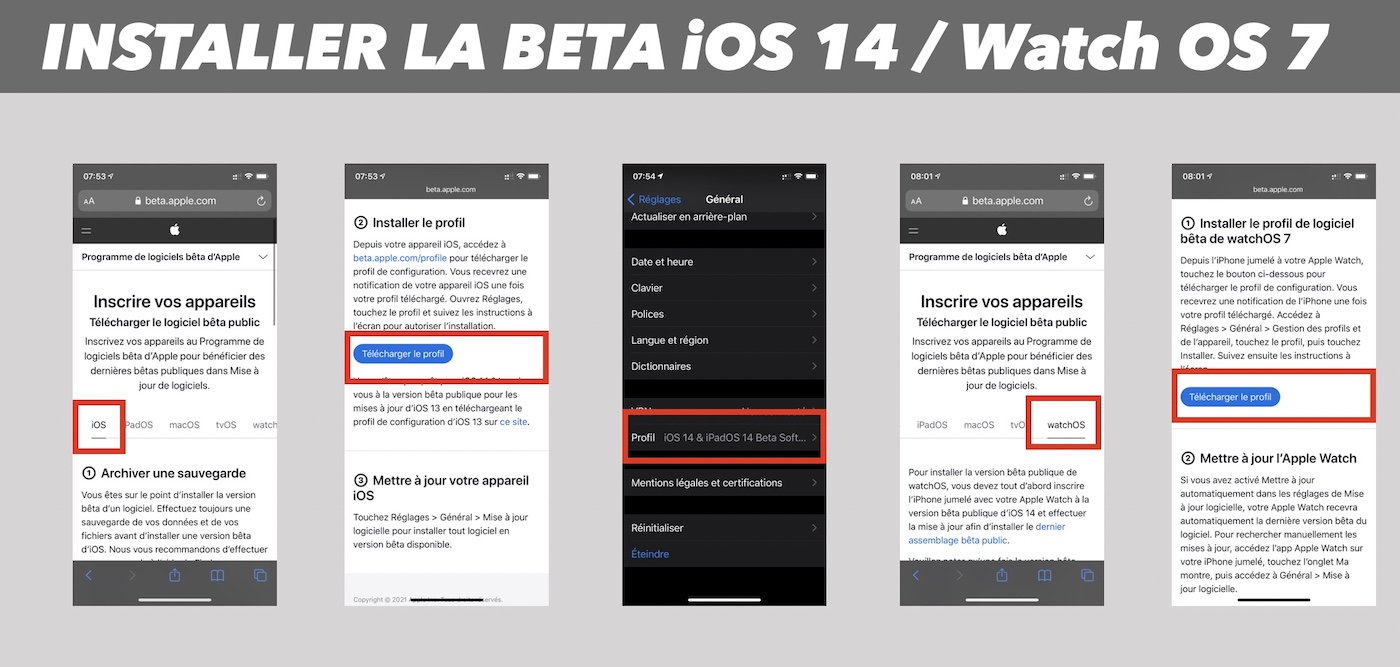 ecrans installation beta publiques ios 14 watch OS 7
